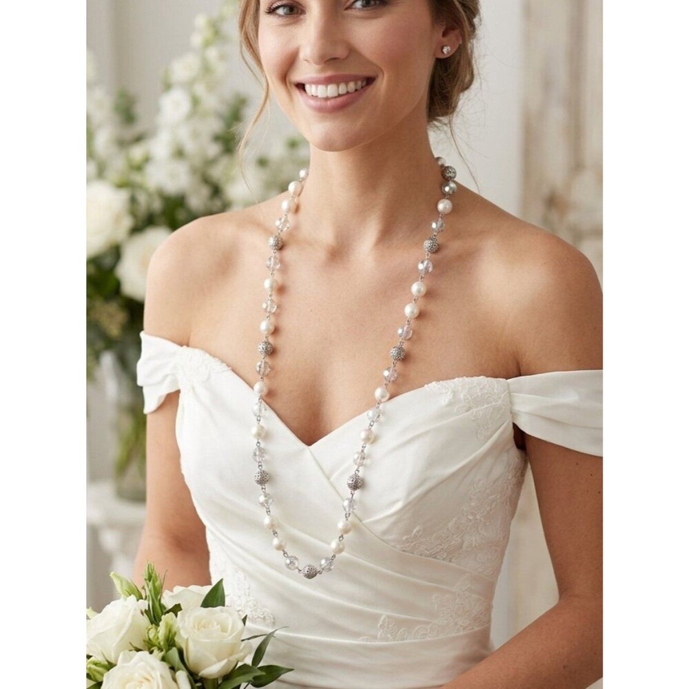 Vintage 32” Faux Pearl & Silver Filigree Station Necklace - Over the Head